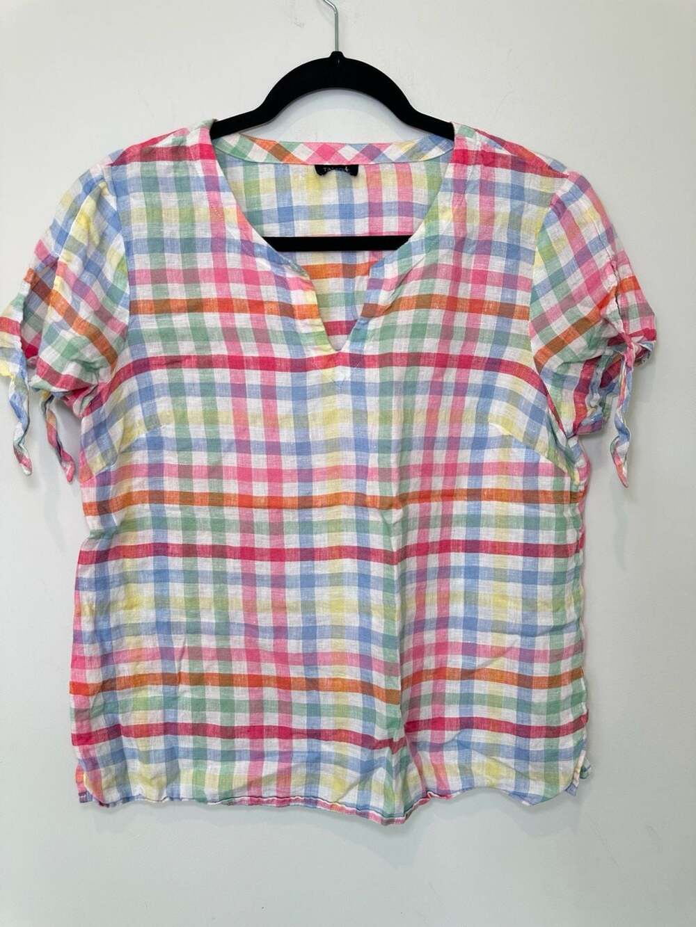 100% Linen Talbots Pastel Color Top Size M Split Neck Tie Sleeve Plaid